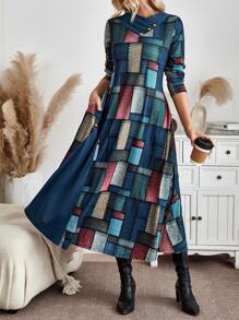 EMERY ROSE Women Patchwork Long Sleeve Button Up Casual Mini Dress, Simple Style Maxi Women Outfit