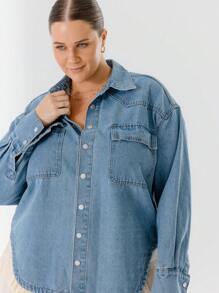 Aralina Curve Button-Up Plus Size Casual Western Style Denim Shirt - Medium Wash - View 6