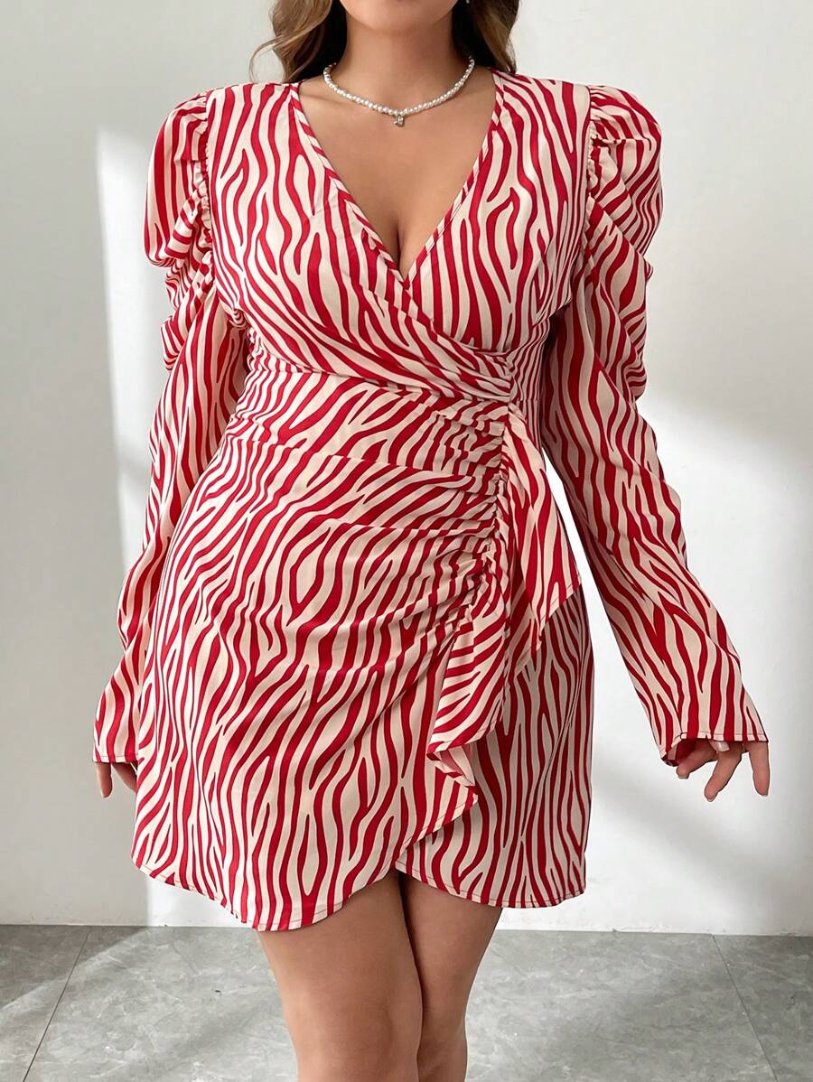 SHEIN Privé 大码优雅通勤工作服连衣裙，斑马纹，交叉V领，腰带，羊腿袖，适合音乐节 - 彩色 - 查看 1