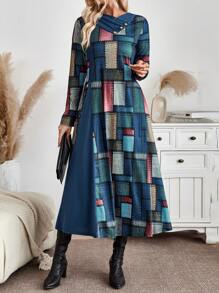 EMERY ROSE Women Patchwork Long Sleeve Button Up Casual Mini Dress, Simple Style Maxi Women Outfit