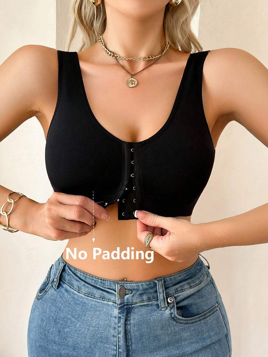 Comfortable Front Closure Seamless Bra , Black Crop Top - Black - View 1