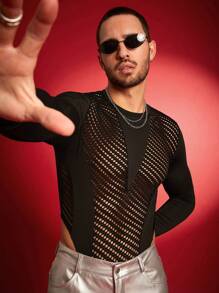 FeverCity 1pc Men's Solid Color Hollow Out Long Sleeve Jumpsuit - Black - View 1