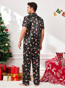 CoupledUp Ensemble de pyjamas avec col châle en faux soie avec imprimé d'éléments de Noël dessin animé pour hommes