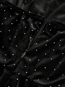 SHEIN Tween Girl Fashion Elegant Halter Ruffled Decor Cinched Waist Black Velvet Rhinestone Cocktail Party Dress - Black - View 4