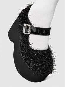 ROMWE Women's Punk Style Fluffy Hook-And-Loop Decor Fashion Platform Flat Shoes New Year Holiday - Black - View 4
