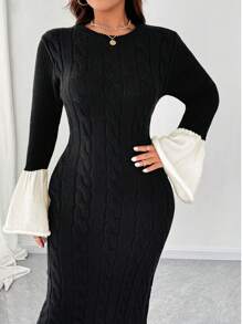 SHEIN Unity Vestido de punto de cuello redondo con mangas abombadas en contraste de color negro y blanco para mujer talla grande, otoño/invierno - Negro - Ver 3