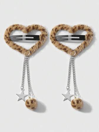 Kawaii 2 قطعة من مشابك الشعر المتنوعة ذات التصميم الراقي والظريف على الطراز الكولومبي الفوري ، بشكل نجمي، بنمط جلد النمر وقلب ، مناسبة للنساء للاستخدام اليومي والهدايا في عيد الحب