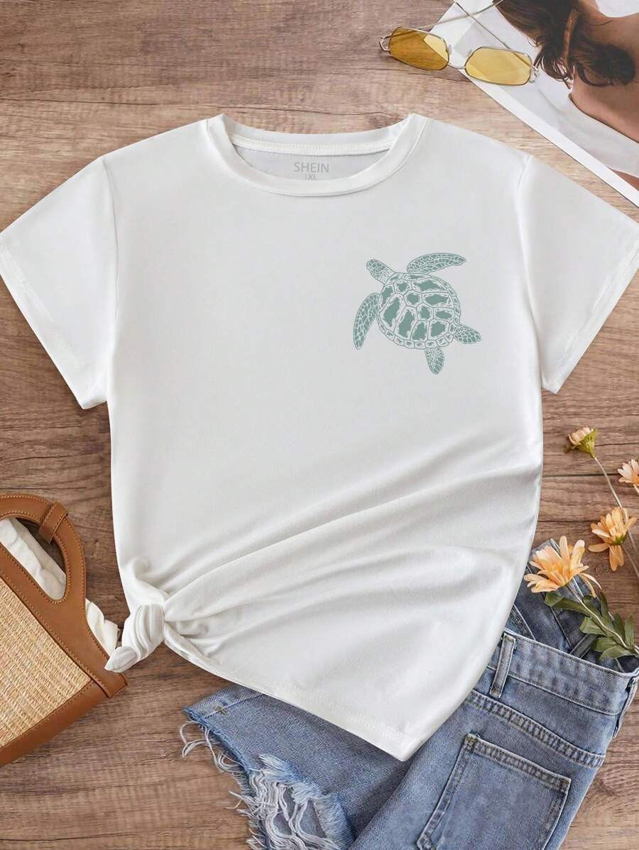 Flirla Plus Size Women's Casual Turtle & Letter Print T-Shirt, Suitable For Summer Beach, Malibu, Surfing, Diving Memories, Seattle Beach Graphic Tees Women Tops