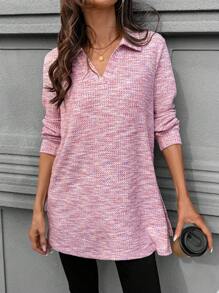 SHEIN LUNE 女士休闲华夫格针织开衩长袖T恤，日常基本款，秋冬冬季女士休闲上衣外出上衣女 - 粉色 - 查看 5