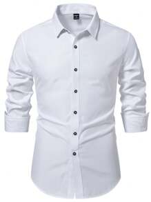 Manfinity Mode 1 件 男士纯色正面纽扣长袖简约上衣 - 白色 - 查看 1