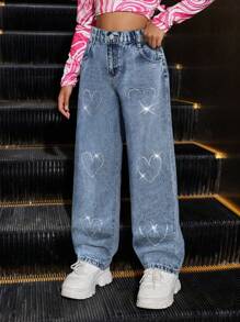 SHEIN Explorewe Quần Jeans Denim Cao Cấp In Hình Trái Tim Cho Bé Gái - Rửa nhẹ - Xem 7