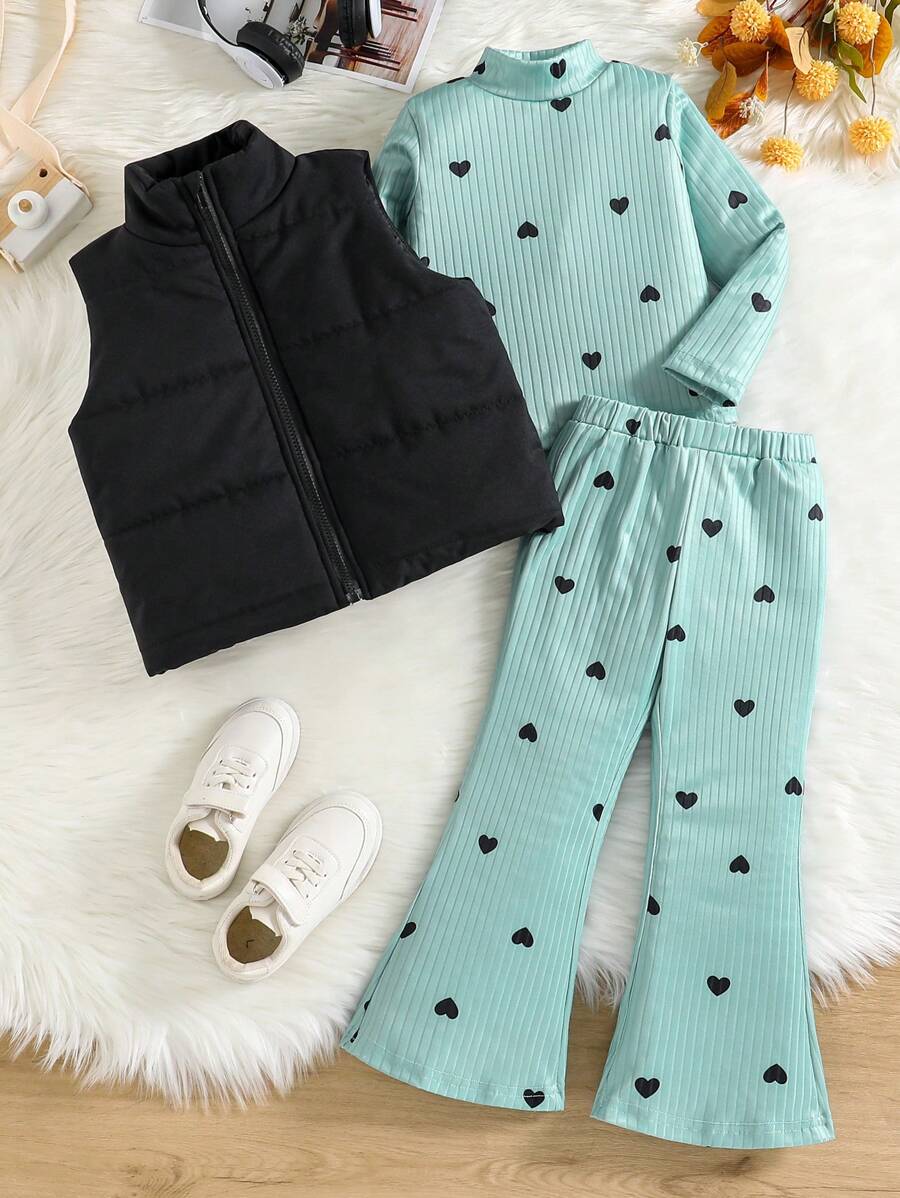 SHEIN 3 pièces Tenue d'hiver pour jeunes filles : haut à manches longues côtelé vert épais en forme de cœur, pantalon évasé, gilet matelassé noir - casual, chaud, convient pour l'intérieur, l'école, l'extérieur, par temps froid - Multicolore - Voir 1