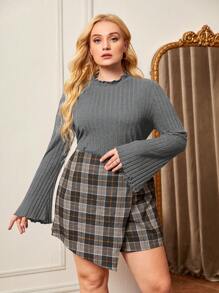 SHEIN Privé Plus Size Solid Color Ribbed Textured Long Sleeve T-Shirt - Dark Grey - View 1