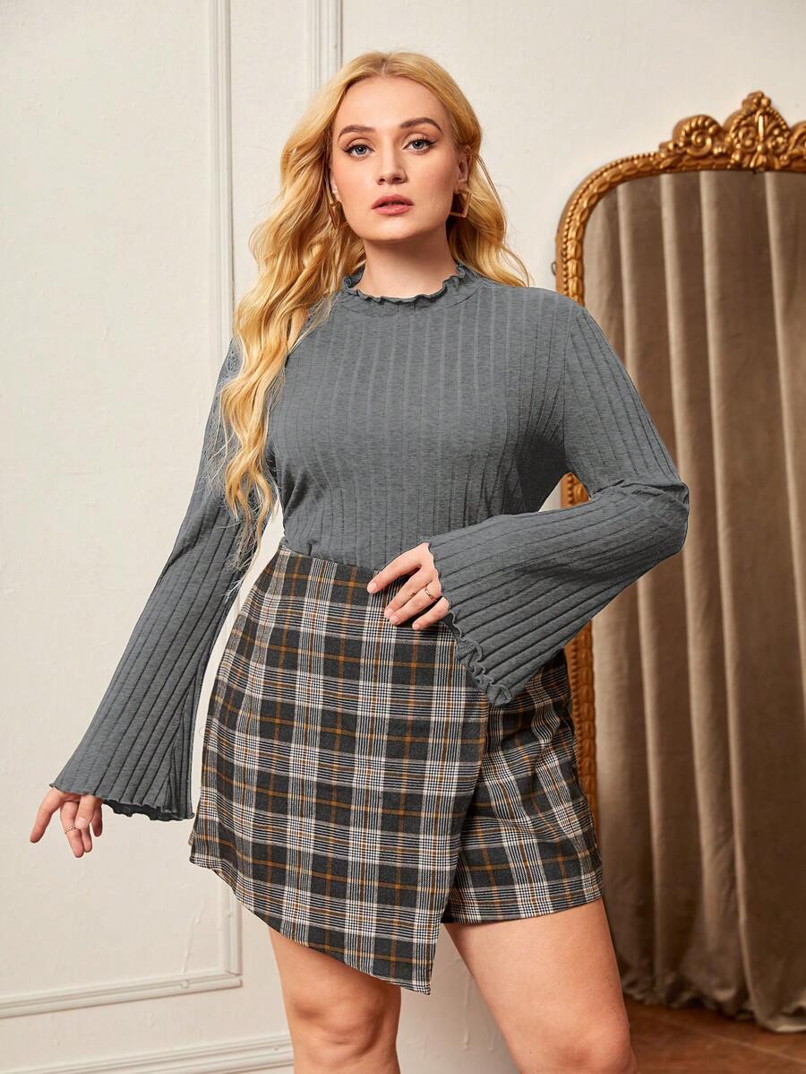 SHEIN Privé Plus Size Solid Color Ribbed Textured Long Sleeve T-Shirt - Dark Grey - View 1