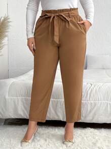 SHEIN Privé 大码女式纯色贴袋直筒宽松休闲通勤长裤 - 卡其色 - 查看 4