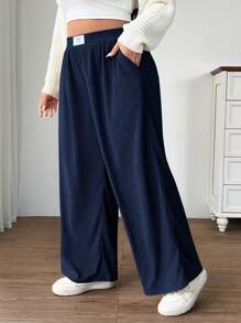 SHEIN EZwear Damen Große Größen Herbst/Winter Hose mit hoher Taille und weitem Bein, locker geschnitten mit Taschen und Patches Design, geeignet für Schule, Alltag und Büro, Cord Material - marineblau - Übersicht 4