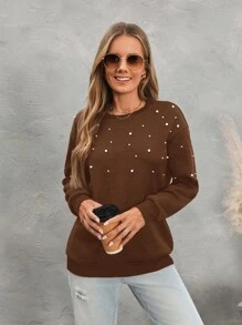 SHEIN LUNE 女士休闲露肩仿珍珠串珠套头毛衣 - 棕色 - 查看 4