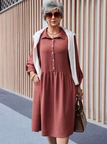 EMERY ROSE Plus Size Women's Solid Color Long Sleeve Pockets Dress, Fall And Winter Clothes For Women
