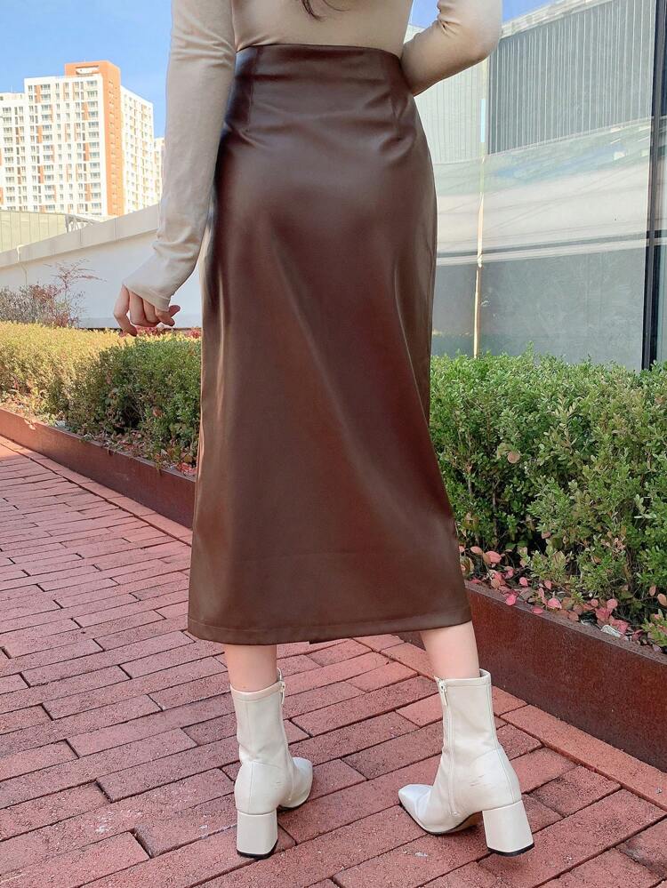Solid Color PU Slit Asymmetric Pleated Women Skirt,Pencil Skirt,Fall Clothes Leather Skirt Winter Women Skirts