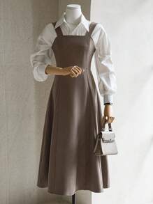 DAZY 女士纯色方领无袖中长连衣裙，秋季服装 - 棕色 - 查看 3