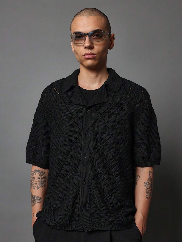 정기핏 다이아몬드 패턴 크로셰 셔츠