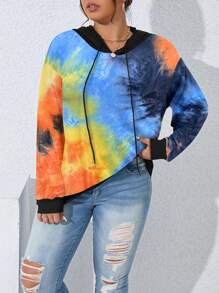 SHEIN LUNE Plus Size Fashion Tie-Dye Drawstring Sweatshirt, Autumn Pullover Fall - Multicolor - View 3