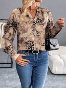 SHEIN Clasi Blusa elegante de mujer con mangas de raglán y volantes con estampado de leopardo, para otoño/invierno - Multicolor - Ver 6