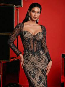 Glamrae Vestido largo formal elegante de unicolor con mangas largas, cuello en V y bordado con lentejuelas en negro y dorado champán. Incluye un adorno en la cintura, una silueta de cola de pez y un bajo semitransparente. Ideal para eventos formales como baile de graduación, cena, fiesta o boda.