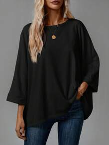 SHEIN CURVE+ 大码长袖宽松舒适家庭风格女式 T 恤 - 黑色 - 查看 5