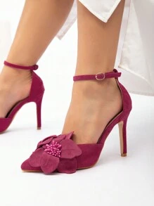 CUCCOO CHICEST 女士尖头 3D 花卉高跟鞋，仿麂皮浪漫女士度假高跟鞋，红色适合约会、下午茶派对、情人节、圣诞节和新年假期氛围秋冬 - 玫紅色 - 查看 5