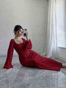 Firerie Women's Contrast Color Tie Strap Square Neck Flared Sleeve Split Hem Dress, Apricot - Burgundy - View 6