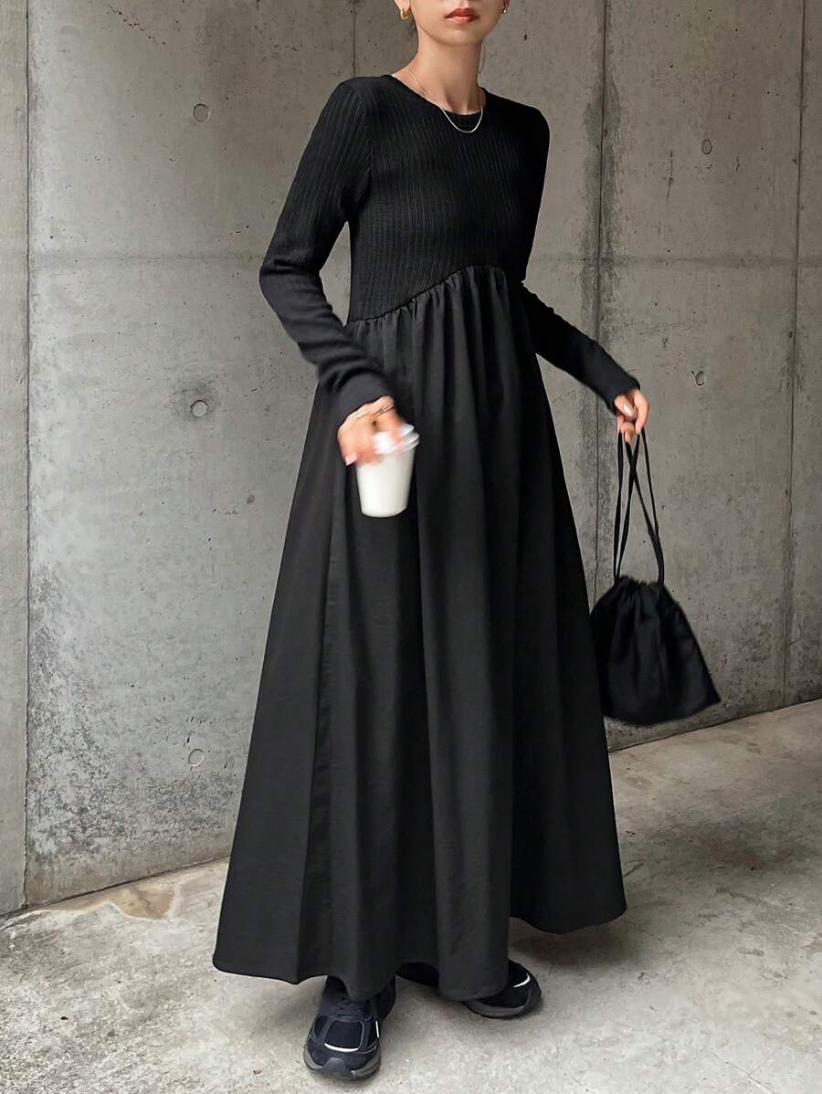 FRIFUL 1pc Women Solid Color Round Neck Long Sleeve Ruched Minimalist Casual Long Dress,Fall Dress - Black - View 1