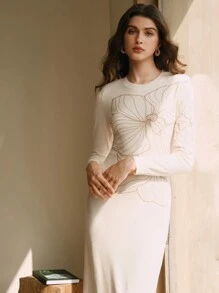 Anewsta Đầm len cổ tròn thêu hoa thanh lịch tay dài cho nữ, mùa thu/đông - Màu be - Xem 1