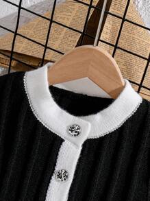 2pcs Little Girls Autumn/Winter Ruffled Collar Cardigan Sweater And Pants Set With Fake Pockets And Buttons, Knitted Outfit - Black - View 7