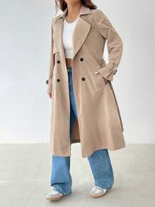 SHEIN PETITE 优雅腰部收紧 A 字形长袖风衣，秋冬 - 卡其色 - 查看 6