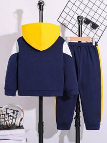 2 件装年轻男童休闲宽松字母图案拉链领长袖连帽夹克和裤子套装，秋冬装 - 寶藍色 - 查看 3