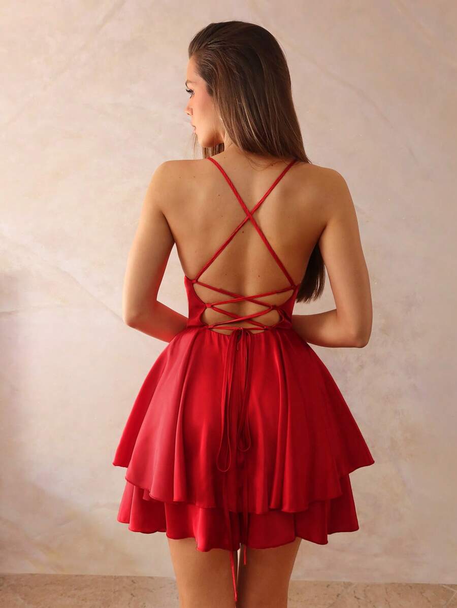 SHEIN BAE Rotes Minikleid aus Satin mit Riemchen und rückenfreiem Bindeband und Rüschensaum für Damen, geeignet für Brautjungfern, Hochzeitsgäste, Mädchenpartys, Cocktailpartys, Weihnachtsfeiern, Off-Shoulder - Rot - Übersicht 1