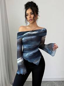 Selianne 女式露肩长袖简约T恤，适合日常休闲穿着，图案T恤，女式春季上衣