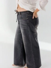 Aralina Curve High Waist Relaxed Fit Drawstring Washed Denim Jeans - Light Grey - View 4