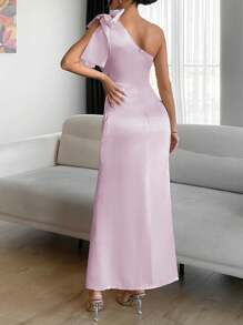 EURMUSE Chimpagne Color Tie Detail Satin Dress - Pink - View 2