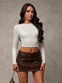 SHEIN BAE Pantalon  marron chocolat à taille basse, style vintage usé, polyvalent pour la rue, le thé de l'après-midi entre amies, les soirées entre copines, les fêtes et les boîtes de nuit / Jupe  marron / Mini-jupe  marron / Mini-jupe en faux délavé et usé