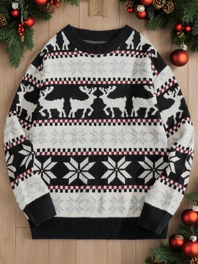 Manfinity VCAY Men's Winter Colorful Casual Street-Style Reindeer & Snowflake Pattern Graphic Long Sleeve Knitted Crew Neck Cable Knit Sweater,Christmas, For Vacation, Family Matching