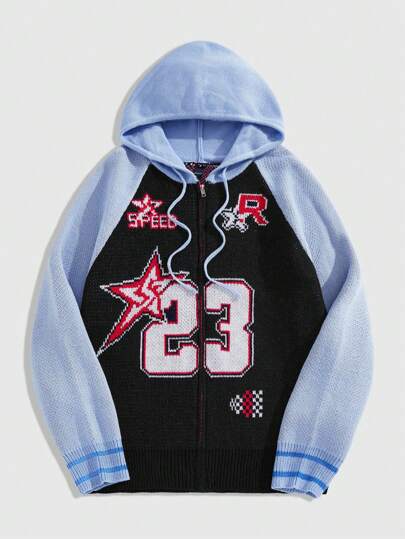 Prep Men's Jersey Contrast Color Numeral Graphic Zip Up Drawstring Hoodie, Autumn/Winter