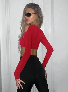 SHEIN ICON 1 件女式纯色长袖镂空休闲上衣 - 酒紅色 - 查看 2