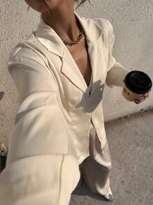 SHEIN Frenchy Women's Solid Color Lapel Neck Long Sleeve Single-Breasted Casual Shirt, Autumn,Long Sleeve Shirt,Holiday Outfits Winter Elegant - Apricot - View 1