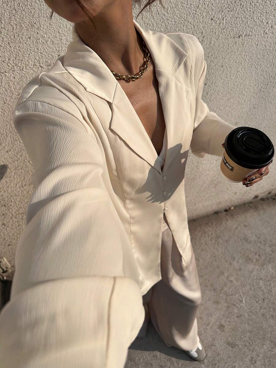 SHEIN Frenchy Women's Solid Color Lapel Neck Long Sleeve Single-Breasted Casual Shirt, Autumn,Long Sleeve Shirt,Holiday Outfits Winter Elegant - Apricot - View 1