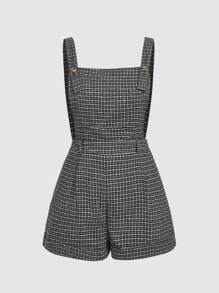 SHEIN MOD 大码格子印花吊带连体衣，休闲通勤装，适合夏季 - 黑色 - 查看 1