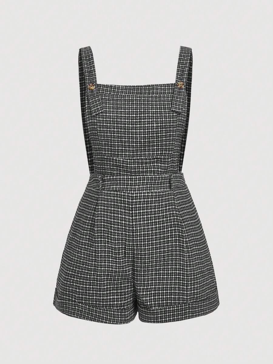 SHEIN MOD 大码格子印花吊带连体衣，休闲通勤装，适合夏季 - 黑色 - 查看 1