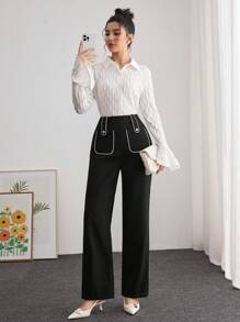 Modelyn Women's Casual Straight Leg Loose Color Block Pants Fall Cloth For Women - Black - View 5