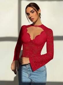 Aloruh 女士红色蕾丝音乐节深 V 领透明性感长袖衬衫 - 紅色 - 查看 3
